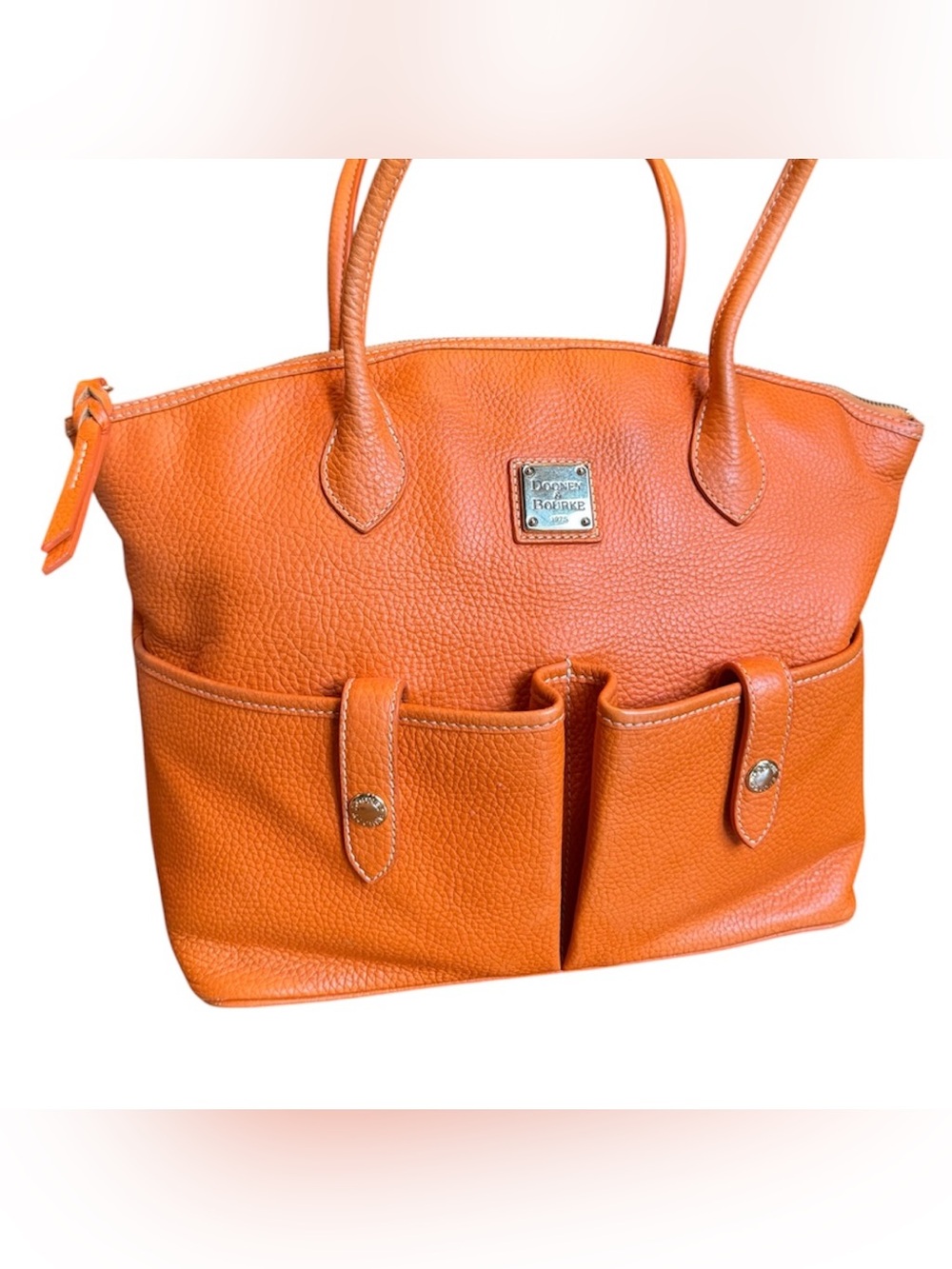 Vintage Dooney & Bourke Vibrant Orange Pebbled Leather Tote with Front Pockets
